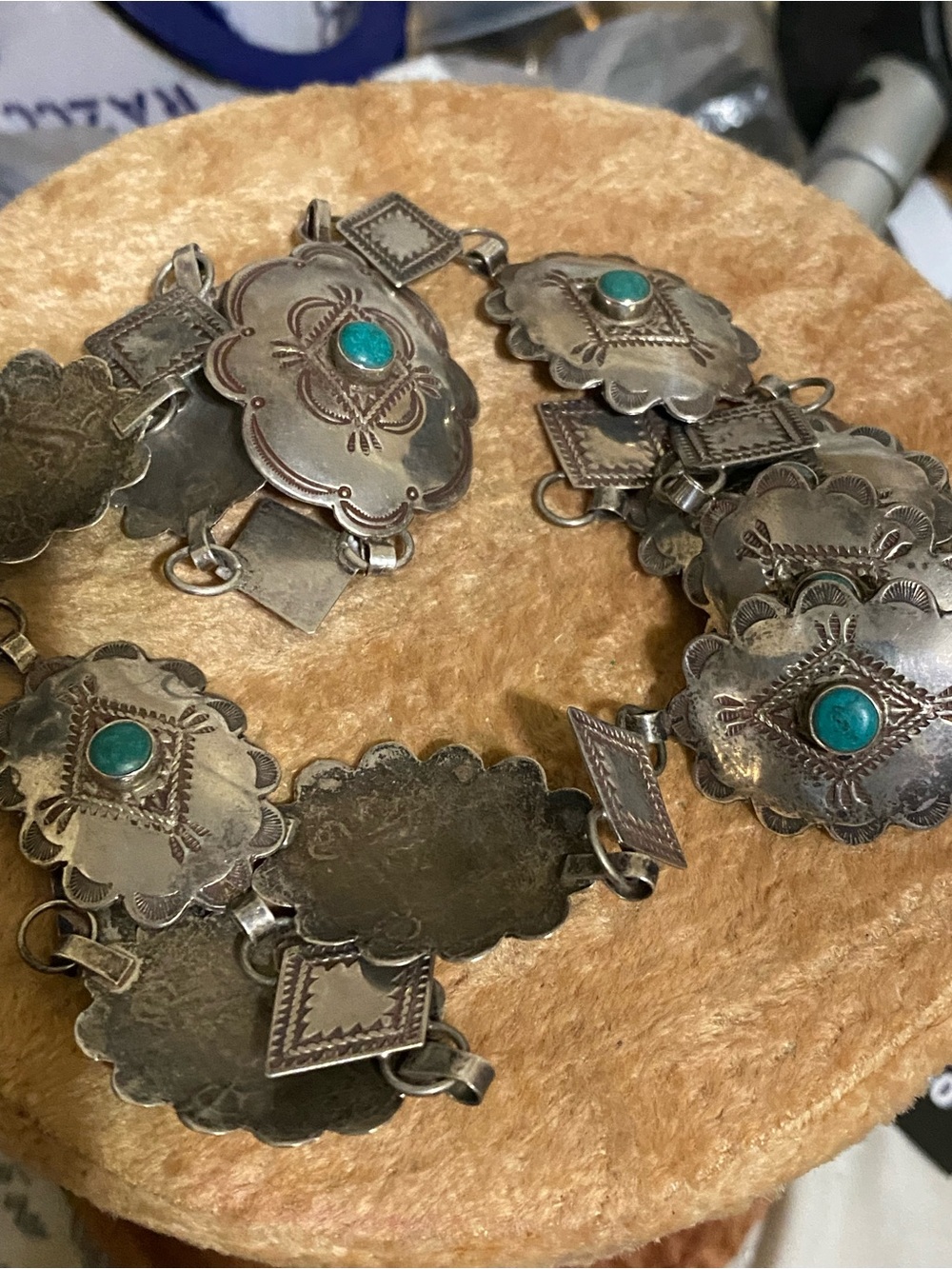 1940s Navajo Unsigned 11 Concho Belt Turquoise Sterling Silver Hand Stamped 28” - Picture 3 of 8